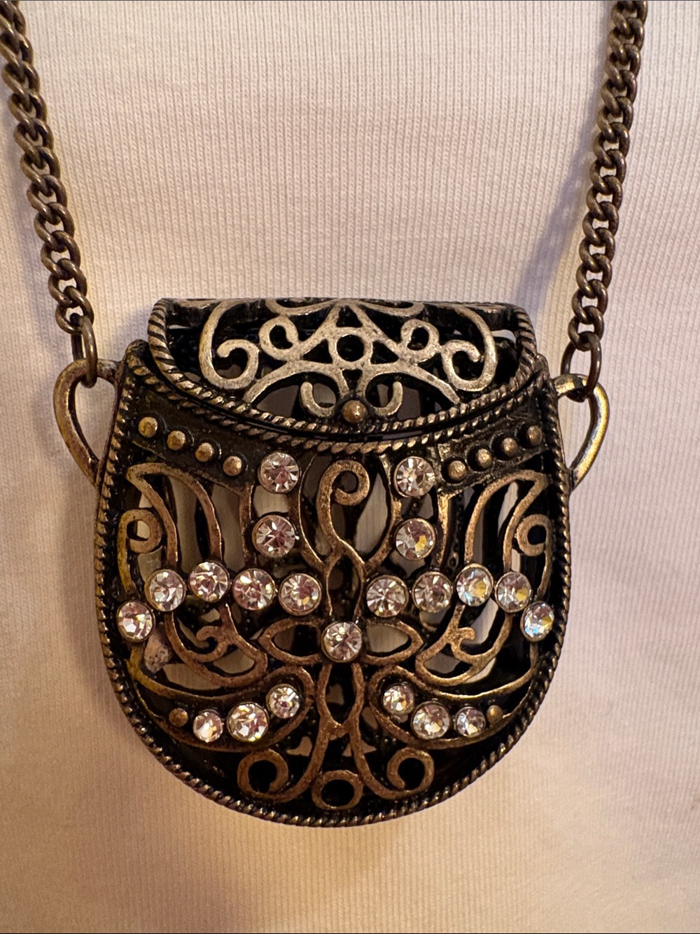 Ornate Brass Rhinestone Filigree Locket